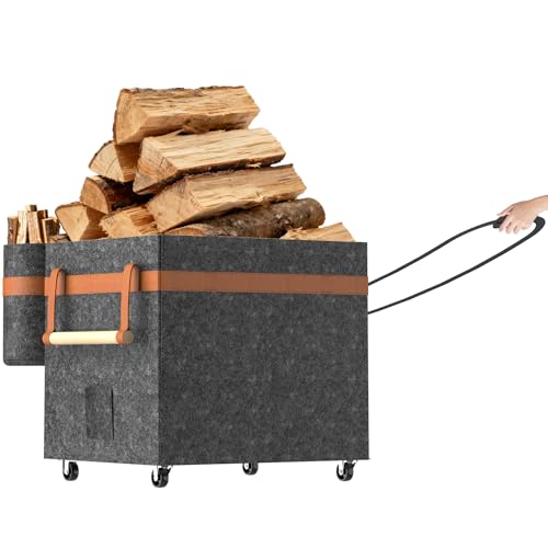 Teamkio Holzkorb für Kaminholz mit Rädern Handschutz-Zugseil 50L Filz Kaminholzkorb mit Fronttasche Klappbarer Brennholzkorb für Holz Zeitungen Einkäufe Leicht zu Verstauen Transportieren