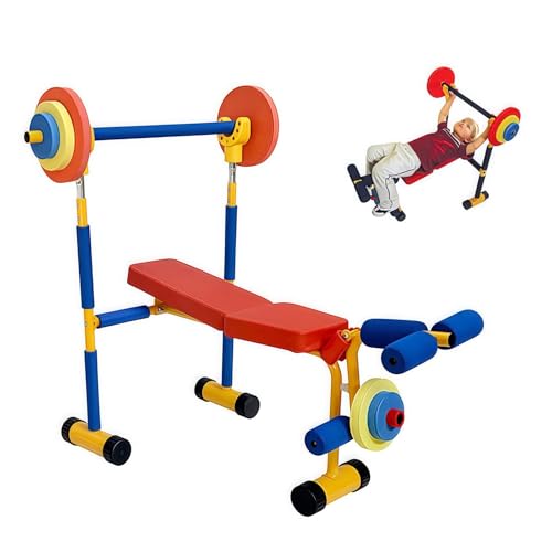 Kinder Einstellbare Hantelbank und Beinpresse Set mit Langhantel Hantel Schaumstoff Tablett für Heimübung Anfänger Sport Training