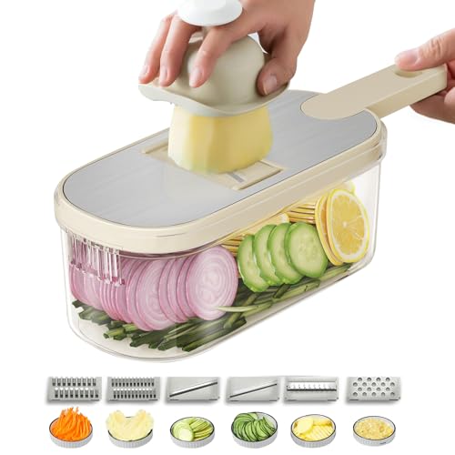 LIIGOU Gemüseschneider 6-in-1 Börner Gemüsehobel Mandoline Verstellbar Nicer Dicer Salatschleuder Gurkenhobel Vegetable Chopper Gemüsereibe Mehrzweck Küchenhobel Küchenreibe Reibe für Gemüse