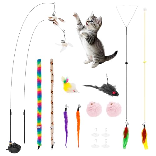 BAODBF Interaktives Katzenspielzeug Angel mit Feder Katzen Spielzeug Katzenangel mit Verbesserter Saugnapf Maus Langlebig Katzenspielzeug Selbstbeschäftigung Intelligenz Spielzeug für Katzen