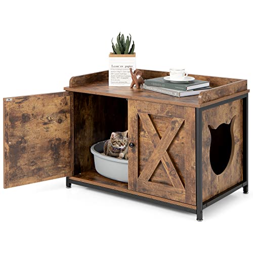 COSTWAY Katzenschrank Katzentoilette Katzenhaus mit 2 Türen Eingang Katzenhöhle Katzenklo Schrank für Katzen Hunde Haustier Haustierbox Haustierkiste Beistelltisch Katzenmöbel Vintagebraun