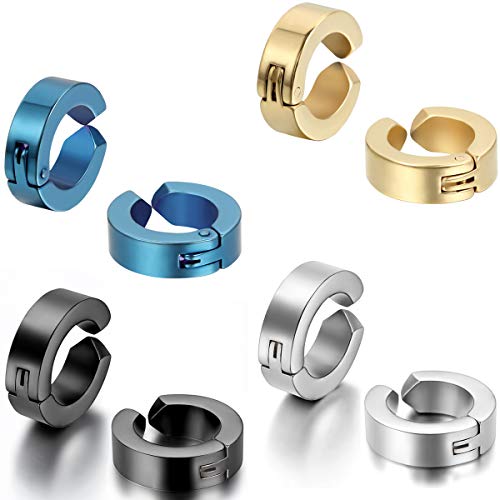 JewelryWe Schmuck 4 Paar Creolen Edelstahl ohne Loch Fake Ohrstecker Ohrclips Klappcreolen Huggie 4mm Silber Schwarz Gold Blau