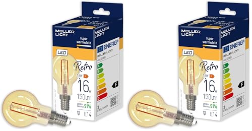 Müller-Licht Retro LED G45 Filament Tropfenform E14 gold 2.2W ersetzt 16W nostalgisches superwarmweißes 2000K Licht für ein gemütliches Ambiente nicht dimmbar 15000h Lebensdauer 401076