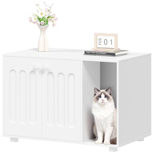 Hzuaneri Katzenschrank Katzenklo-Schrank 80 x 48 x 51 cm Katzenhaus mit Tür und Separater Trennwand Modernes Design Stabiler Katzenschrank mit Füßen Weiß CB87903X