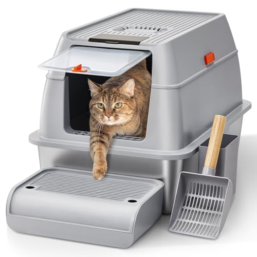 The Fellie Edelstahl Katzenklo XXL Katzenklo mit Deckel Pedals Geruchsdicht Katzentoilette mit Schaufel Matte Metall Katzentoilette Geschlossene für Große Katzen Leicht zu Reinigen Grau