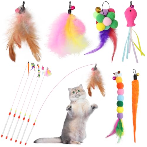 YFLeomry Katzenangel Stabil 12 Stück mit 6 STK Versenkbare Katzenspielzeug Feder und 6 STK Katzenspielzeug Angel mit Glocken Interaktives Katzen Angel Spielzeug Katzenspielzeugs Set für Kätzchen