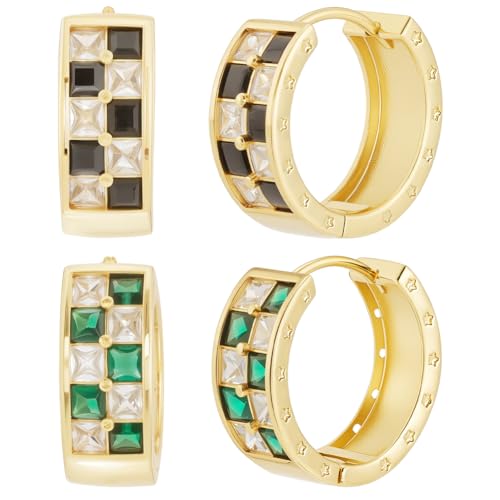 Beebeecraft 2 Paar 2 Farben Karierte Klein Mehrfarbigß Schwarz Grün 18 Karat Vergoldetes Messing Schachbrett Rund Kreis Huggie Für Frauen Schmuck Geschenk