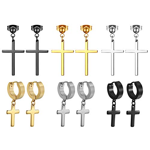 Cupimatch 6 Paare Kreuz Ohrringe Herren Damen Creolen Ohrstecker mit Anhänger Piercing Ohr Schmuck Silber Gold Schwarz