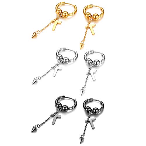 JewelryWe Kreuz Spike Creolen Ohrringe 3 Paar Set Edelstahl Huggie Creolen mit Kugeln Baumende Kreuz Spike Lange Kette Gothic Punk Rock Hängende Ohrringe Quaste Ohrhänger Schmuck für Herren Damen