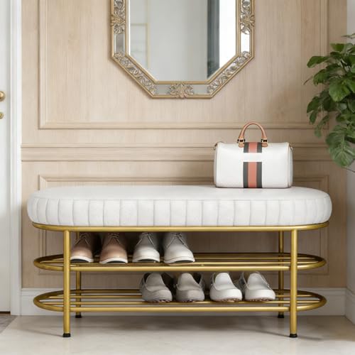 Hochwertige Schuhbank mit kratzfestem Tech-Stoffkissen 3-stufiges Schuhregal aus Metall for den Eingangsbereich Aufbewahrungsbank for Flur Wohnzimmer Schlafzimmer Schmutzfänger White 120cm