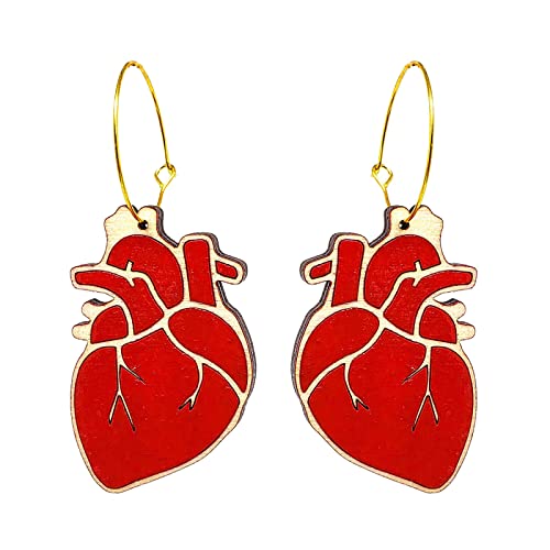 Damen Ohrringe Geschenk für Ärzte und Krankenschwestern Runde Creolen Holz Rot Herz Ohrringe Ohrringe für Frauen Mädchen Einheitsgröße Holz Kein Edelstein