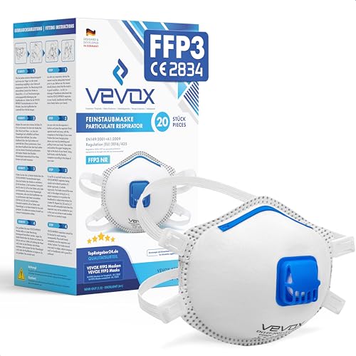 VEVOX FFP3 Maske Ventil 5er 10er oder 20er Set Staubmaske Atemschutzmaske Staubschutzmaske Feinstaubmaske Atemschutz z.B. gegen Feinstaub Schimmel oder Asbest