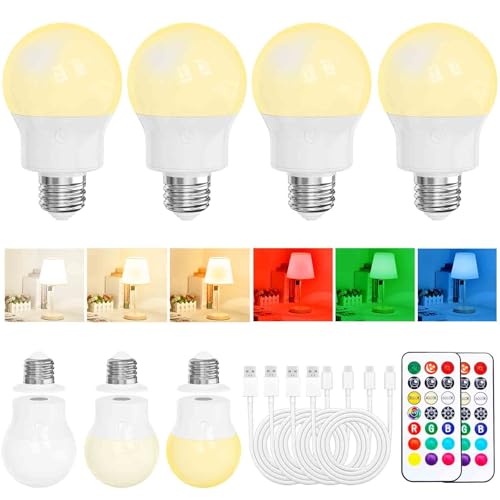 LED Aufladbare Glühbirne Mit Fernbedienung Magnetisch E27 Akku Glühbirne Mit Batterie 3 Farbtemperaturen 9 RGB Farbwechsel 480Lm 3 Timer Für Lampe Ohne Strom Camping Notfall 4 Stück