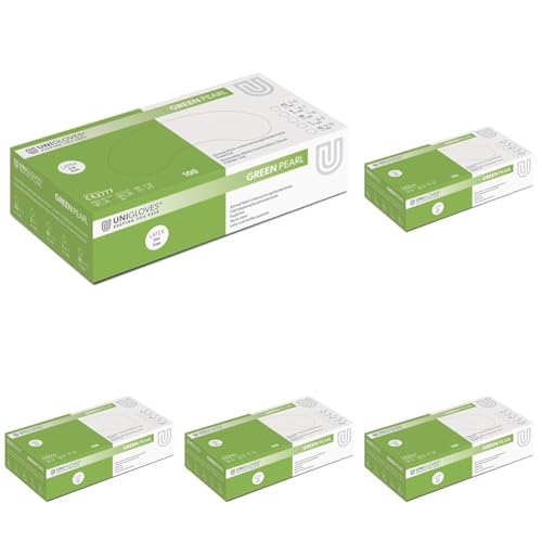 UNIGLOVES - Green PEARL Grüne passgenaue Einweghandschuhe aus Nitril Lebensmittelecht puderfrei latexfrei hohe Festigkeit Haltbarkeit 100 Stück Einmalhandschuh S Packung mit 5