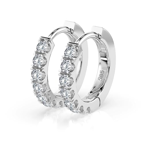 Creolen Weißgold 585 mit 14 Diamanten 0.42 ct - Echte Diamant Ohrringe für Damen Mädchen - Klassischer Ohrschmuck - Geschenkidee