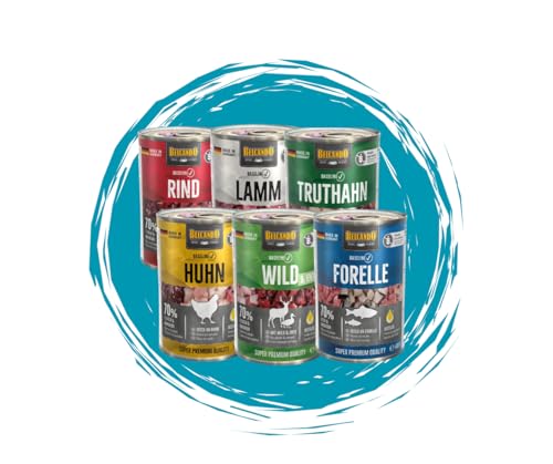 Belcando Baseline Nassfutter Mix 6x400g Alle 6 Sorten im Paket Forelle Huhn Lamm Rind Truthahn Wild mit Ente Alleinfutter für ausgewachsene Hunde ohne Soja künstliche Zusatzstoffe