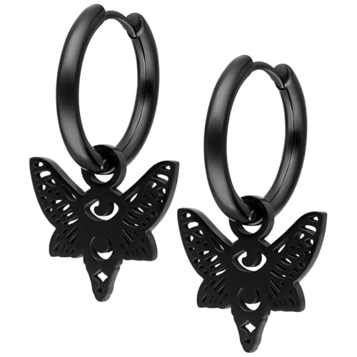 Wildcat Ohrringe - Little Moth Hoops - Creolen aus Edelstahl mit kleiner Motte - wasserfest langlebig hautverträglich - schwarz