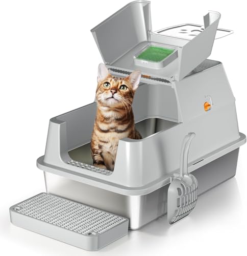 XXL Edelstahl Katzenklo mit Deckel 180 Flip-Oben XXL Katzentoilette Große Katzentoilette aus Edelstahl Geschlossen Katzenklo Katzen WC Auslaufsicher und Leicht zu Reinigen - Grau