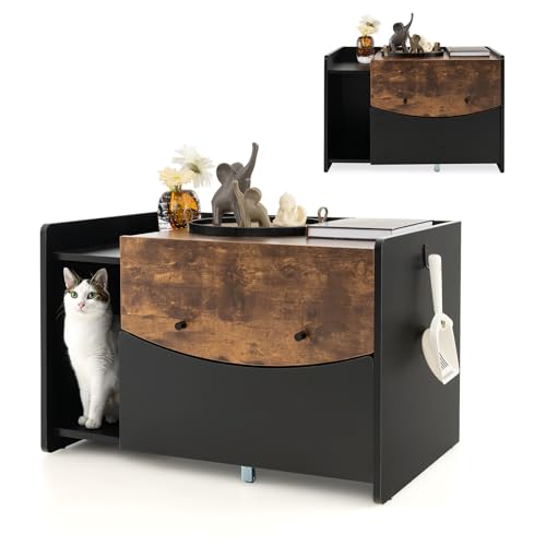 GOPLUS Katzenschrank mit ausziehbarer Schublade Versteck für die Katzentoilette mit Klapptür Rolle Katzenhaus Beistellschrank aus Holz für kleine bis große Katzen Vintagebraun