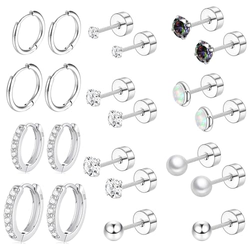 Ohrstecker Set aus Chirurgenstahl flache Rückseite für mehrere Piercings empfindliche Ohren Sterlingsilber hypoallergen kleine Knorpel Titan winzige Zirkonia Perlen Opal Ohrstecker