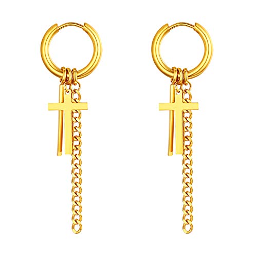 Flongo Damen Kreuz Ohrringe Herren Ohrstecker aus Edelstahl Gestüt Stecker Creolen Huggie Ohrhänger Gold mit hängend Kette Anhänger Gotik Frauen Männer