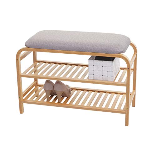 Mendler Schuhregal HWC-F72 Sitzbank Polsterbank Schuhablage Schuhschrank Ablagefach Bambus 50x70x30cm