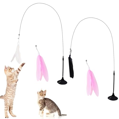 LACHT 2 Stück Interaktives Katzenspielzeug Katzenangel Stabil Federspielzeug Für Katzenstab Spielzeug Mit Saugnapf Katzenspielzeug Angel Mit Federn Mit 4 Stück Federn.