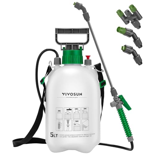 VIVOSUN Drucksprüher 5L Pumpsprühflasche mit 3 Wasserdüsen Griffnut Design Druckentlastungsventil Verstellbarem Tragegurt 1 3 Gallonen Universelle Gartenspritze für Rasen Pflanzen und Reinigung