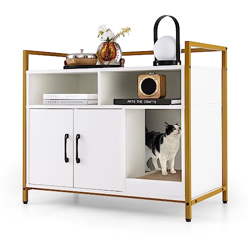 COSTWAY Katzenschrank Katzentoilette mit Doppeltüren Kratzunterlage Katzenhaus mit offenem Regal 2 Fächern Katzenhöhle Katzenklo Schrank für Katzen Hunde Haustier Weiß