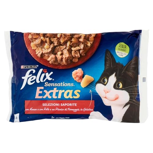Purina Felix Sensations Extras Nassfutter für Katzen mit Rindfleisch und einer Prise Käse und Huhn und einer Prise Speck 4 Beutel 85 g