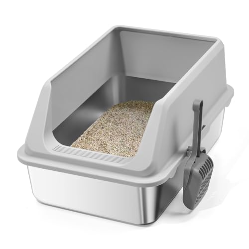 Edelstahl Katzentoilette mit Deckel XXL 60x40x32cm Katzentoilettenhaus 30L Halbgeschlossenes Katzenklo mit Kunststoffschaufel und 4 Lagen Matten Auslaufsicher für Katzen Kätzchen Kaninchen grau