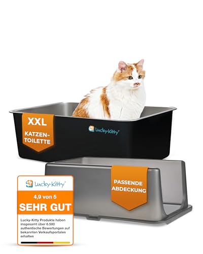 Lucky-Kitty Katzenklo Edelstahl 60x40x20 cm I Katzentoilette mit Deckel exklusiver Schließmechanismus I Katzenklo XXL absolut auslaufsicher I Katzenklo groß geruchsfrei Schwarz