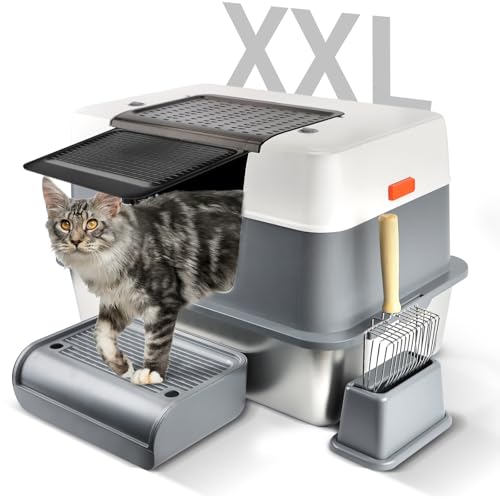Bartuke Katzenklo mit Deckel XXL Katzentoilette aus Edelstahl für große Katzen 3-lagige abnehmbare Cat Litter Box mit Schaufel und Pedal Nicht klebrig geruchslos leicht zu reinigen Grau