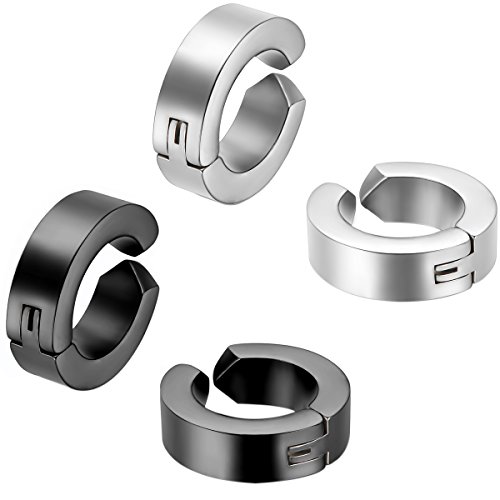 JewelryWe Schmuck 4x Creolen Edelstahl ohne Loch Fake Ohrstecker Ohrclips Klappcreolen Huggie 4mm Silber Schwarz