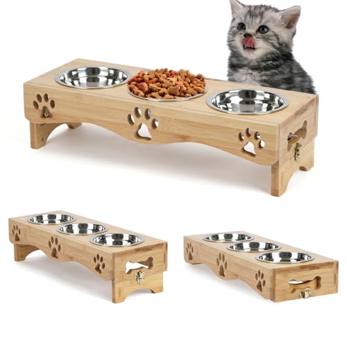 WPAJIRZO Erhöhte Katzennapf 3er Set - Futternapf Katze Fressnapf Futterstation Höhenverstellbar mit Holzständer - 3X Edelstahl Näpfe für Wasser Futter - Futterbar Futterschalen für Katzen Welpen