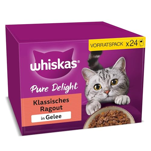 WHISKAS PURE DELIGHT Nassfutter in Gelee 24 x 85g Klassisches Ragout 4 Packungen 48 Portionsbeutel