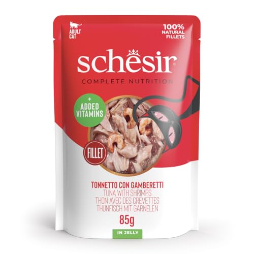 Schesir Thunfisch mit Garnelen in Gelee komplettes Nassfutter für Katzen in Dosen 100% natürliche Inhaltsstoffe tierversuchsfrei 12 x 85 g