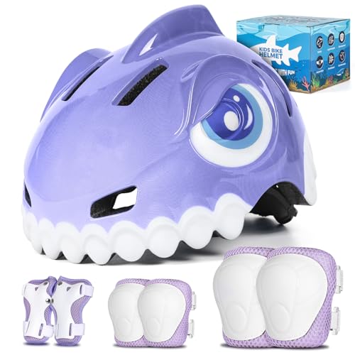 FUNWICT Fahrradhelm Kinder 3D Niedliches Cartoon Kinderhelm für 3-4-8 Jahre Radfahren Skateboard Einstellbare Größe 50-54cm Kinder Fahrradhelm für Jungen Mädchen Lila Set S 50-54cm