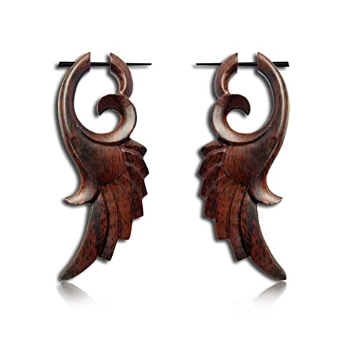viva-adorno 1 Paar Holz Ohrringe geschnitzt Holz Creolen Pin Ohr Piercing Ethno Tribal Flügel CC470B