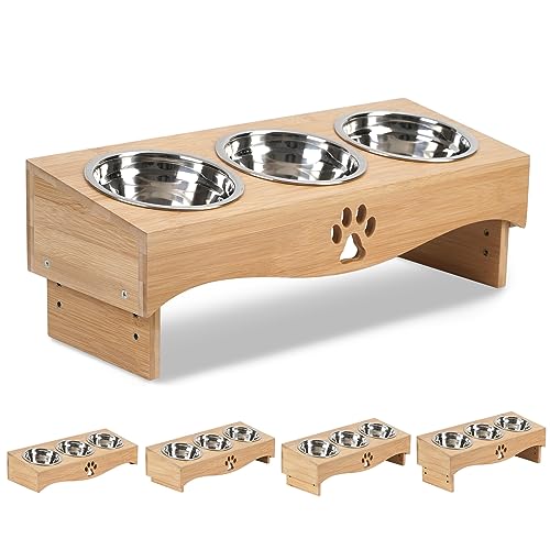 JUJOYBD Katzennapf 3er Set - Erhöhter Futternapf mit 3 Edelstahlnäpfen 15 Neigung Ergonomische Futterstation für Katzen und kleine Hunde
