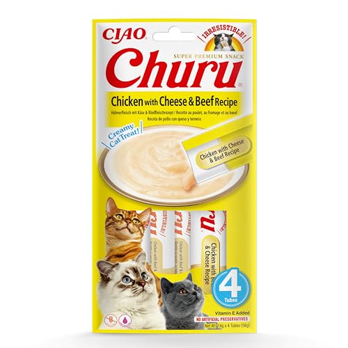 INABA Churu Püree Katzen-Leckerli - Katzenpaste zum Füttern aus der Hand - Katzensticks mit Huhn Käse Rindfleisch - 4 Sticks x 14 g