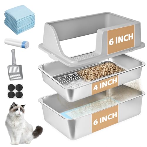 Homegroove Edelstahl-Katzenstreukasten für Kiefernpellets 60 x 40 x 20 cm hoher Rand Metall-Katzenstreukasten mit Deckel für Wohnungskatzen mit Kunststoffschaufel und 10 Urinpads 6 Inch