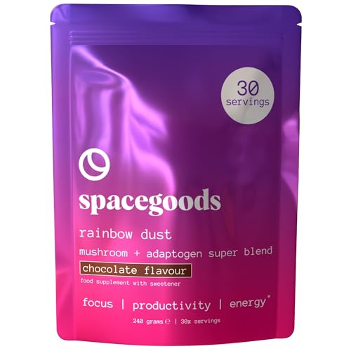 Spacegoods - Rainbow Dust v1.0 - Schokoladenaroma Löwenmähne Pilz Pulver - Energy-Drink-Superfood Kaffeealternative - mit Chaga Cordyceps Maca-Wurzel Ashwagandha - Vegan - 30 Portionen 240g