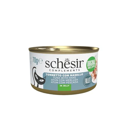 Schesir Thunfischfilets mit Seehecht in Gelee ergänzendes Nassfutter für Katzen Originalrezept 100% natürlich 12 Dosen 70 g