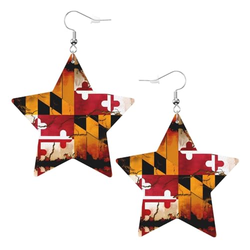 Weiße trendige Leder-Stern-Ohrringe für Frauen Vintage-Holz-Maryland-Flaggen-Druck baumelnder Schmuck leichter modischer Creolen-Anhänger Einheitsgröße Leder Kein Edelstein