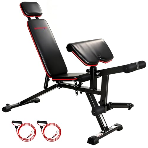 SPORTNOW Hantelbank verstellbar bis 300 kg 3 in 1 Trainingsbank mit Rollen Beinstrecker Curlpult langer Kopfstütze Schrägbank mit Widerstandsbändern Fitnessbank für Home Gym Zuhause