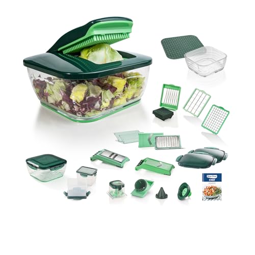 Nicer Dicer Chef Deluxe-Set 28-tlg. Multifunktions-Profi-Gemüseschneider mit Glasschale und Tomatenschneider Teigwaren Scheiben Streifen Spiralen Julienne