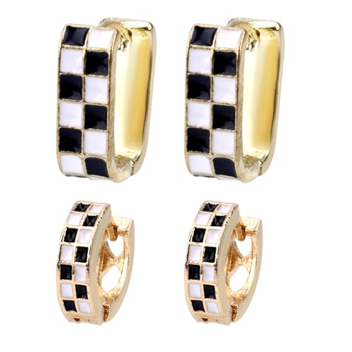2 Paar Kariertes Creolen-Set für Frauen Schwarz-Weiß Vintage Oval und Rundförmige Huggie-Ohrringe Rennkarierte Checkerboard-Creolen Klobiger Statement Schmuck Geschenke für Rennfahrer Fans