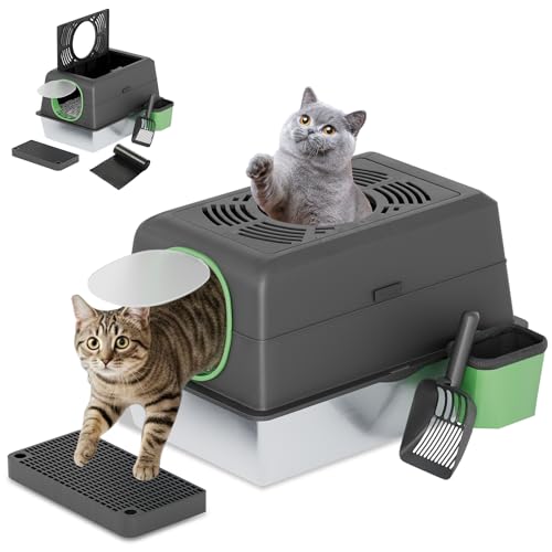 YODOLLA XXL Katzentoilette Edelstahl Katzenklo mit Deckel Schaufel und Pedal Dichtesign für Große Katzen 60x40x38cm Schwarz