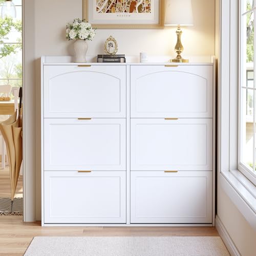 Easexcy Platzsparender Schuhschrank Schuhregal mit 6 Klappfächern Freistehende Hochkommode für Diele Flur oder Garderobe geschlossen Weiß 120 x 23 x 118 cm Modell 1